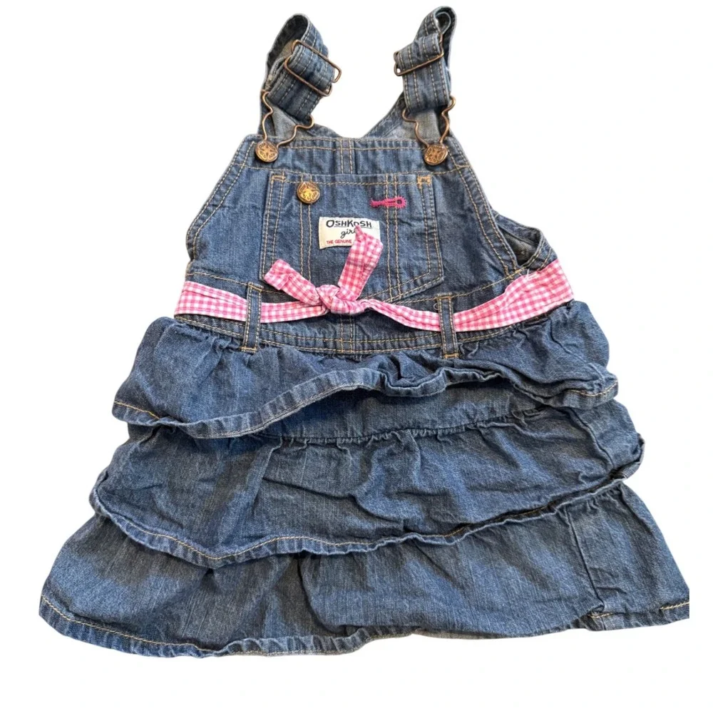 OshKosh Bgosh Girls Denim Ruffle Jumper Dress 24 Months‎ Pink Gingham Bow
